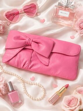 Pink Bow Clutch Purse Faux Leather Foldover Y2K Barbiecore Evening Bag